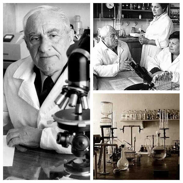 Historical photographs of Narine Academy scientists and laboratories